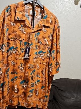 Wrangler Orange Cowboy Print Camp Shirt with Teal Accents